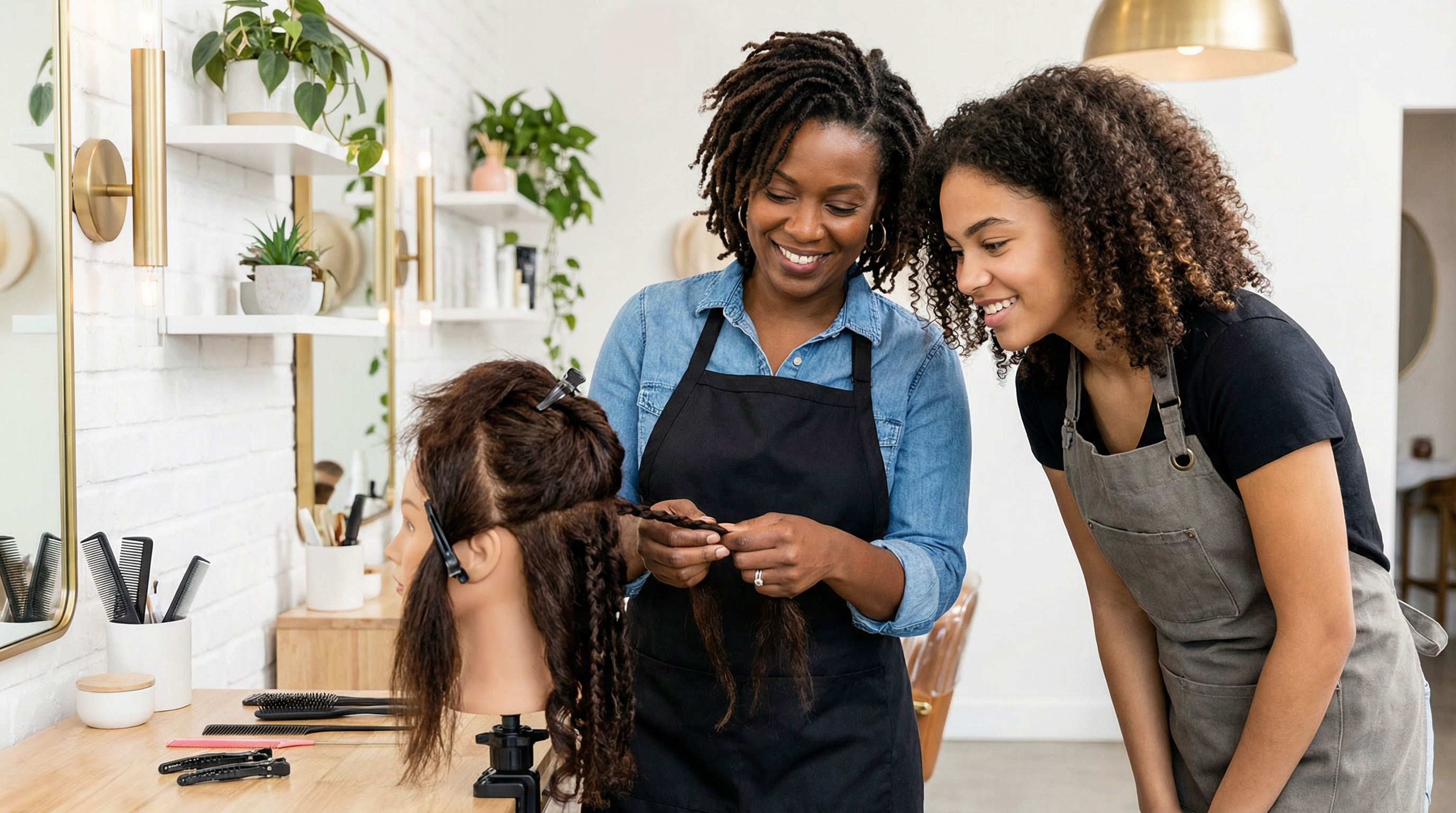 Hair education instructor teaching student in salon